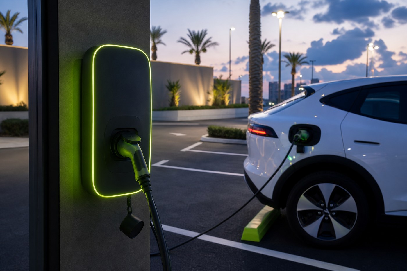 Modern EV charging station in Israeli parking lot at dusk