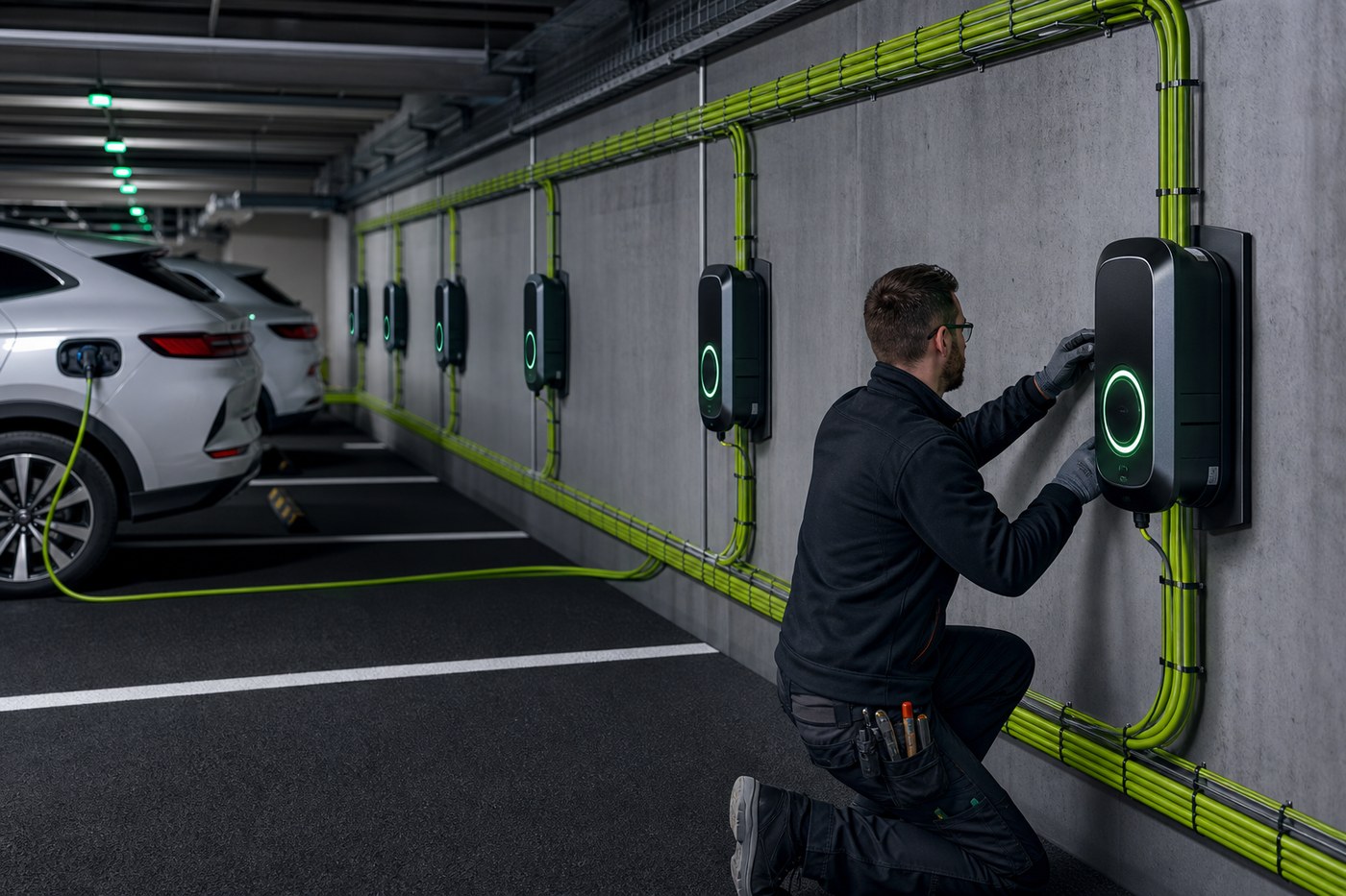 Office building underground parking chargers